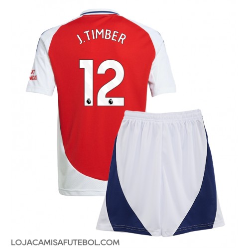 Camisa de Futebol Arsenal Jurrien Timber #12 Equipamento Principal Infantil 2024-25 Manga Curta (+ Calças curtas)